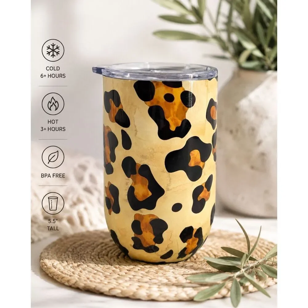 16 Oz Leopard Print Stainless Steel Insulated Tumbler Travel Cup Lid